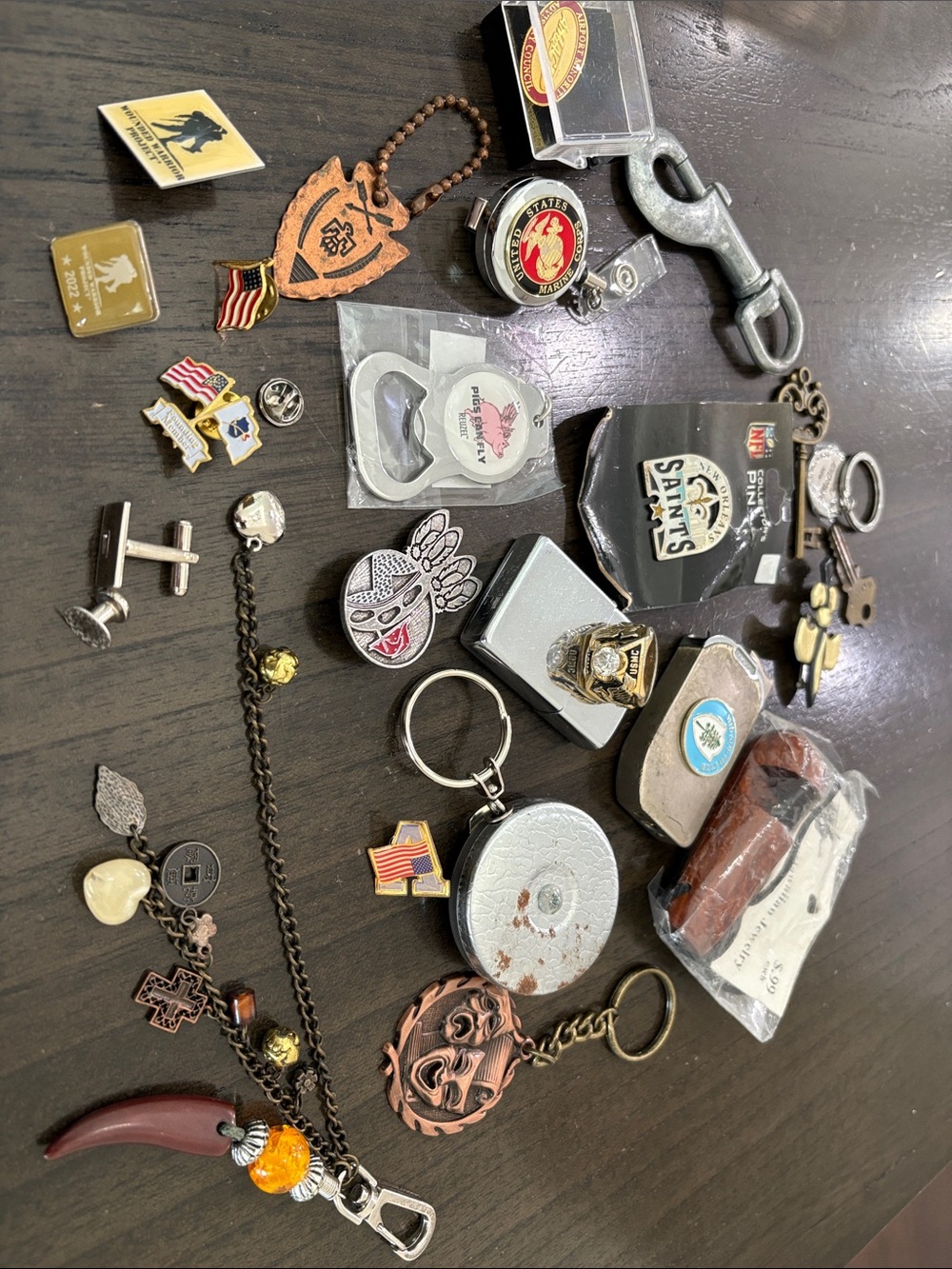Memorabilia Mixed Vintage Keychains & Pins Lot — Brown, Silver, Gold Accents